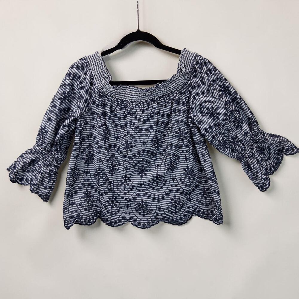 Flying Tomato Eyelet Embroidered Top Boho Cottagecore Blouse Blue White Size L